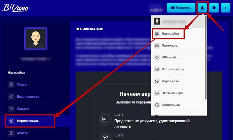 Верификация в Bitzamo Casino